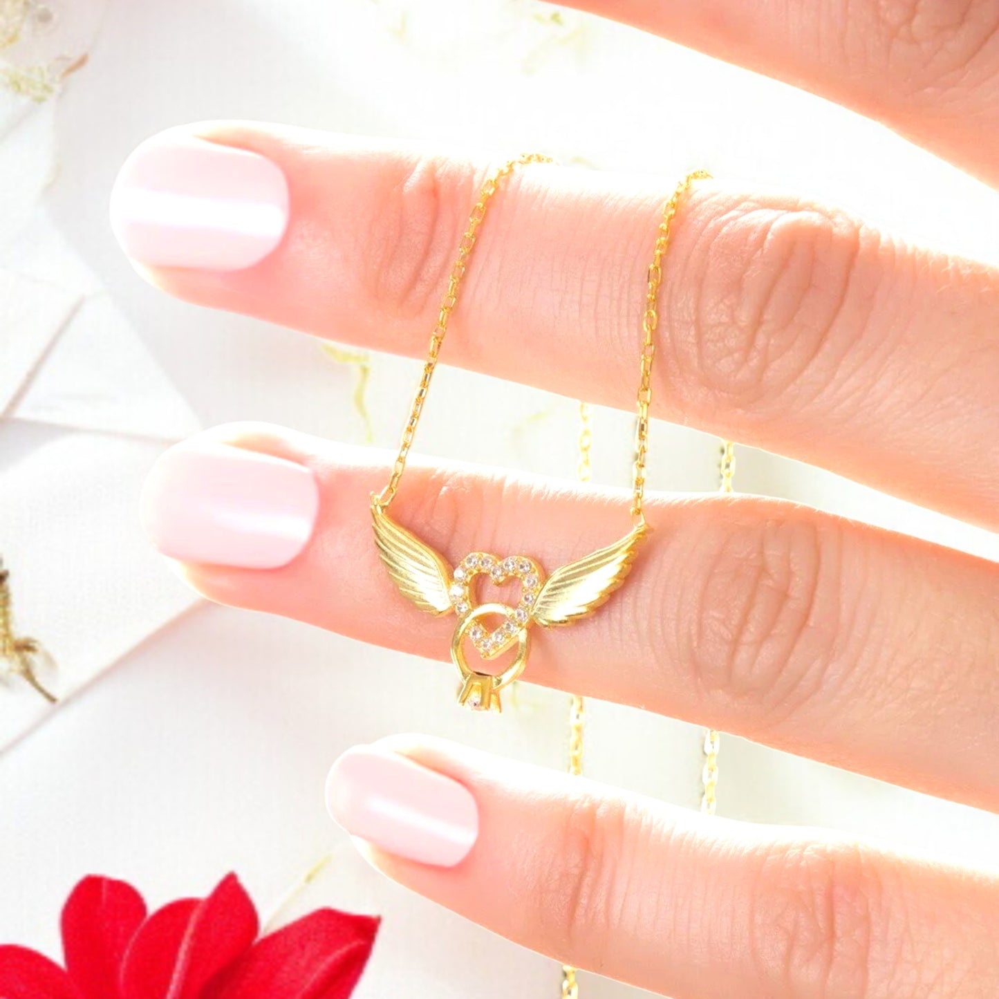 925 Sterling Silver Chain Angel Winged Heart Gold-Silver Necklace