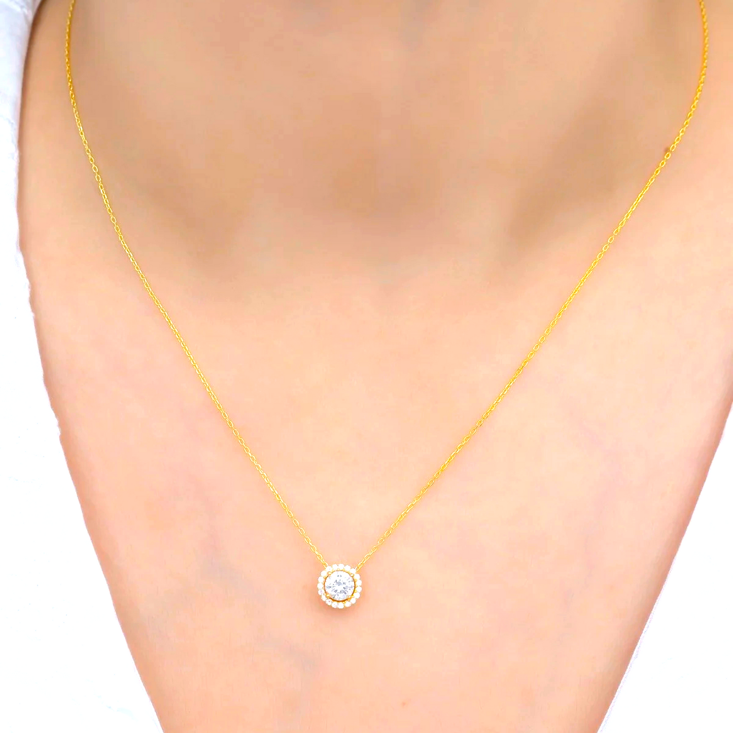 925 Sterling Silver Gold Diamond Mounted Solitaire Necklace