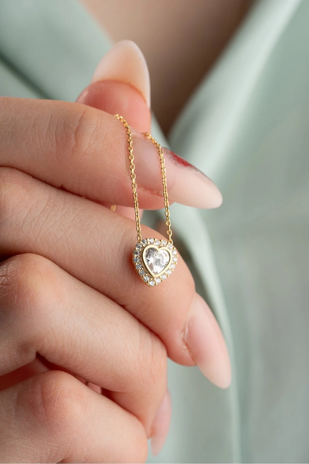 925 Sterling Silver Gold White Stone Heart Necklace