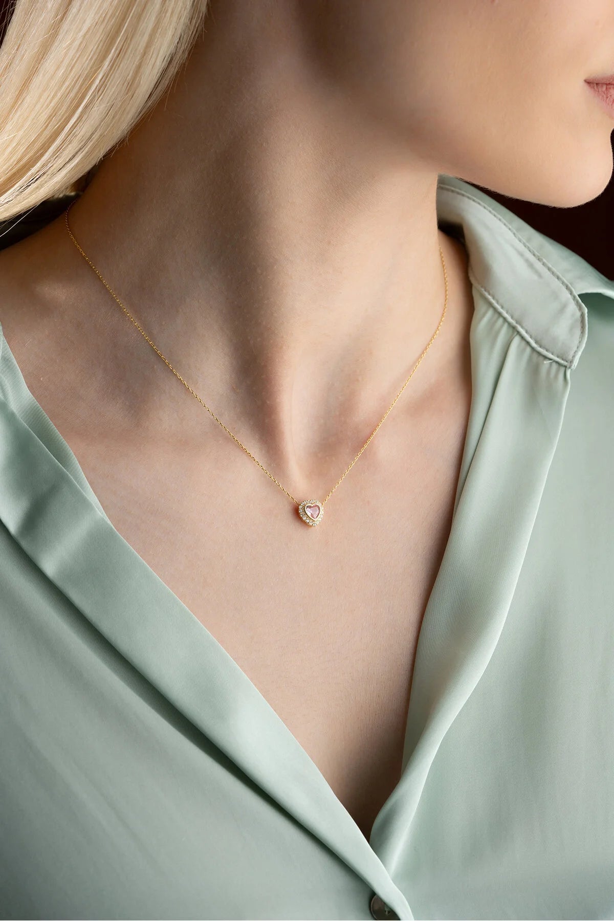 925 Sterling Silver Gold Pink Stone Heart Necklace