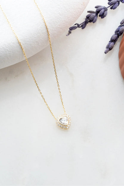 925 Sterling Silver Gold White Stone Heart Necklace