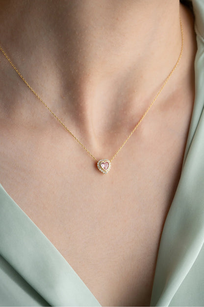 925 Sterling Silver Gold Pink Stone Heart Necklace
