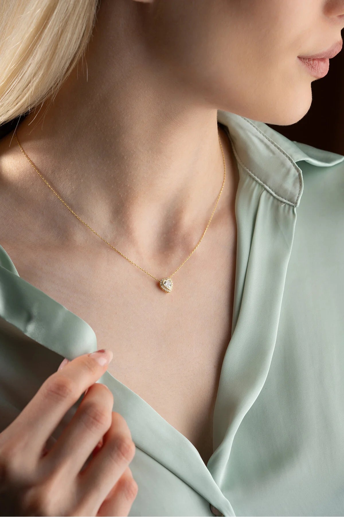 925 Sterling Silver Gold White Stone Heart Necklace