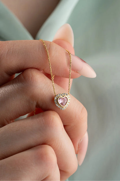 925 Sterling Silver Gold Pink Stone Heart Necklace