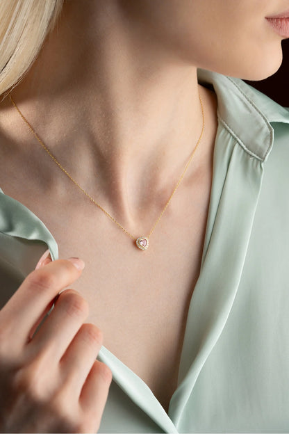 925 Sterling Silver Gold Pink Stone Heart Necklace