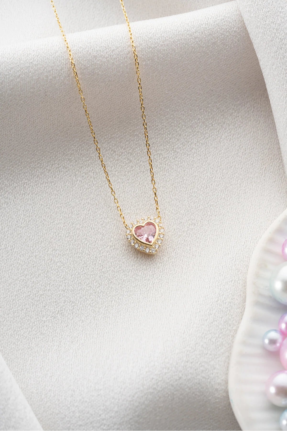 925 Sterling Silver Gold Pink Stone Heart Necklace