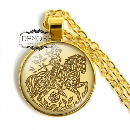 Gold Female Warrior Necklace,Horseback Goddess Pendant,Mythical Rider Jewelry,Gold Plated Gift for Her