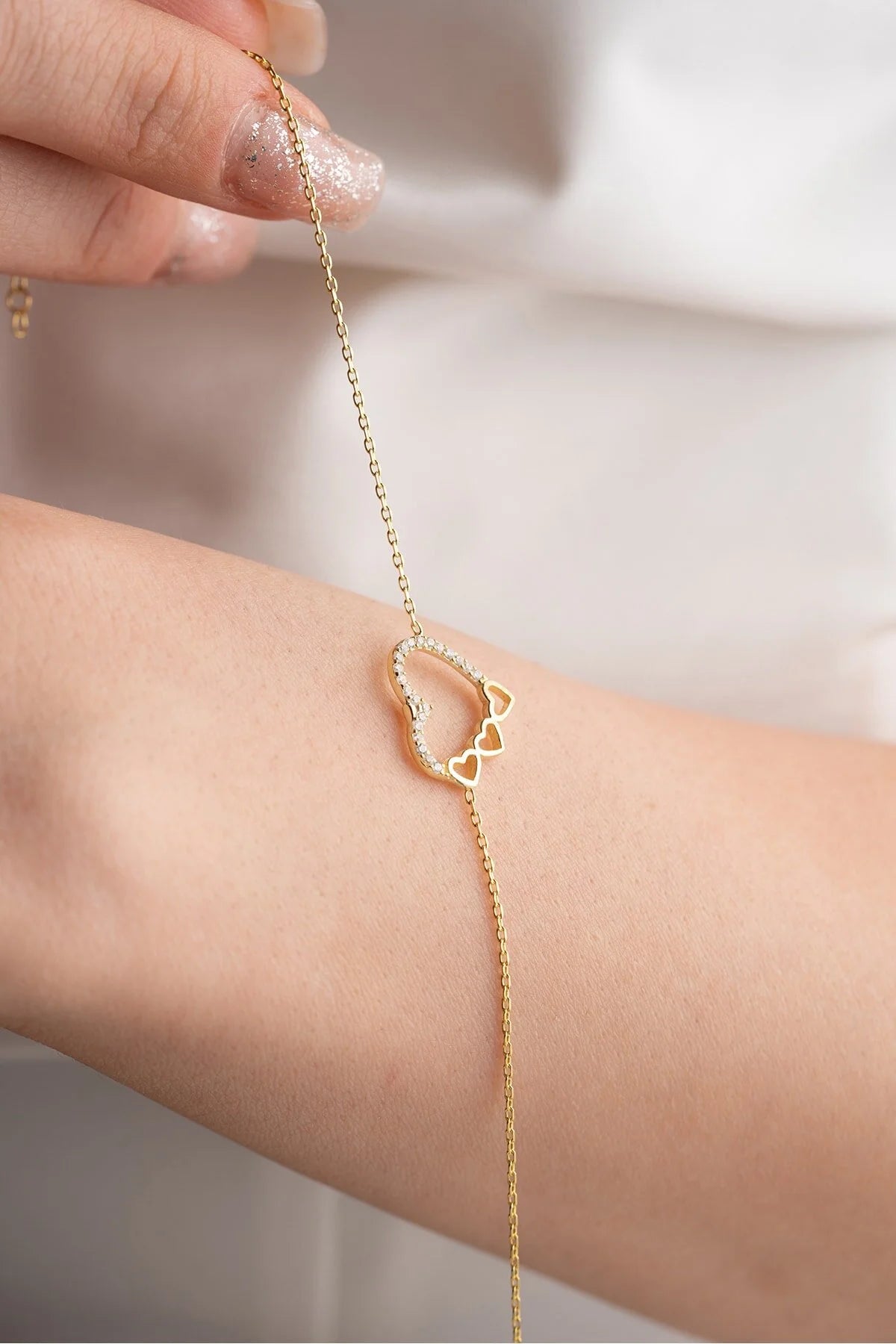 925 Sterling Silver 3 Row Heart Bracelet