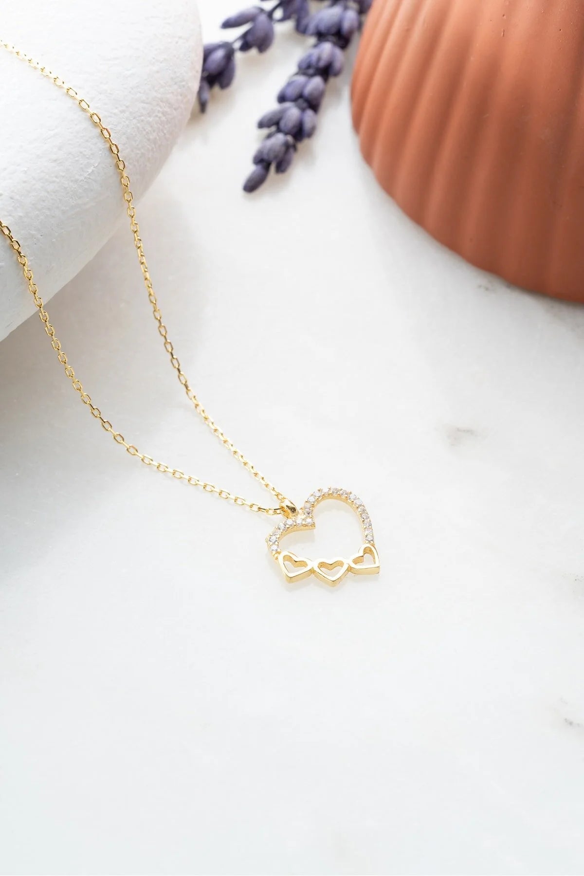 925 Sterling Silver Gold 3 Row Heart Design Necklace