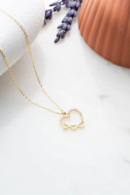 925 Sterling Silver Gold 3 Row Heart Design Necklace