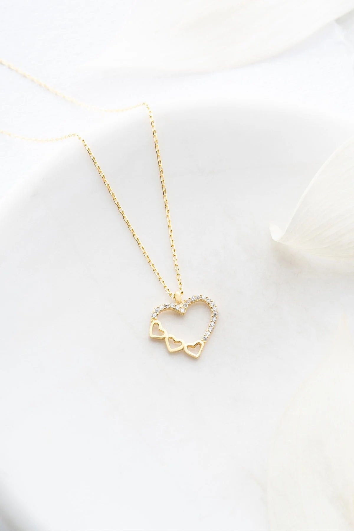 925 Sterling Silver Gold 3 Row Heart Design Necklace
