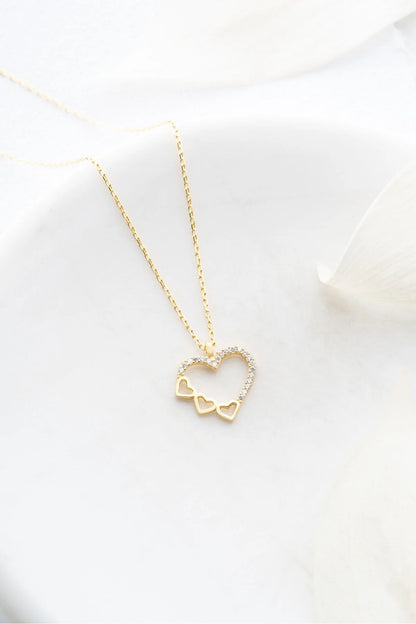 925 Sterling Silver Gold 3 Row Heart Design Necklace
