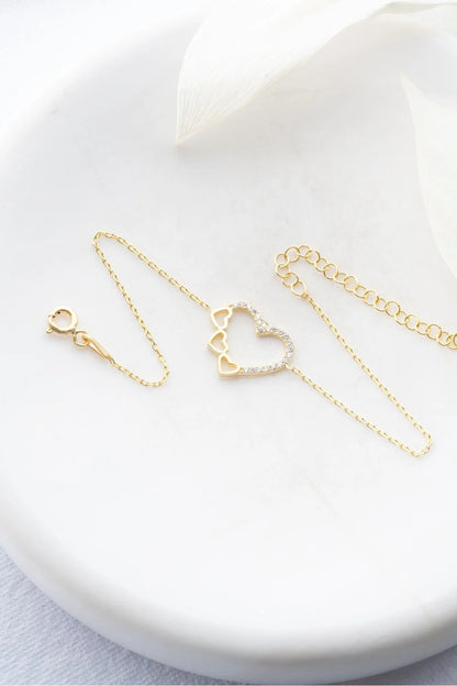 925 Sterling Silver 3 Row Heart Bracelet