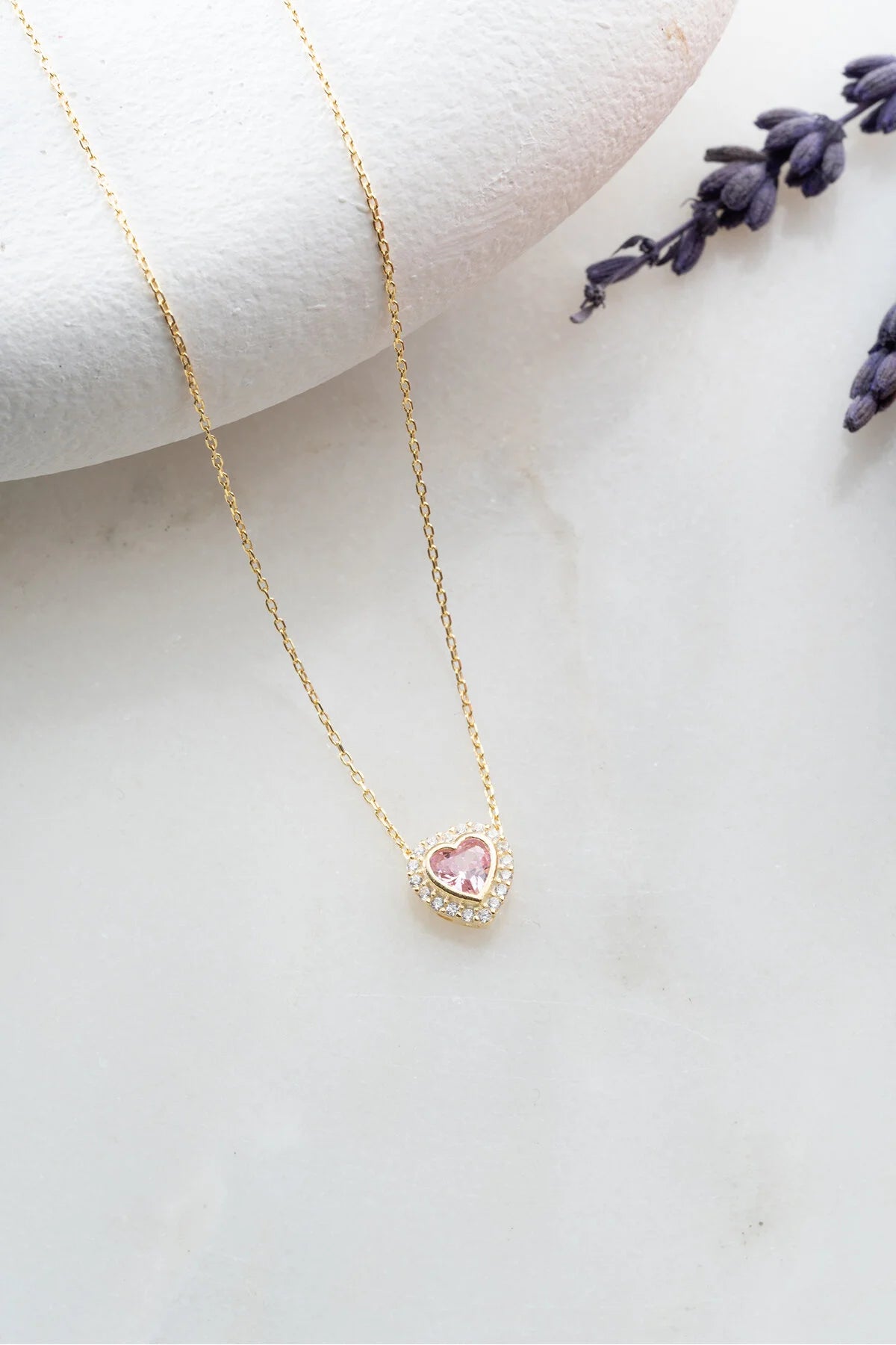 925 Sterling Silver Gold Pink Stone Heart Necklace