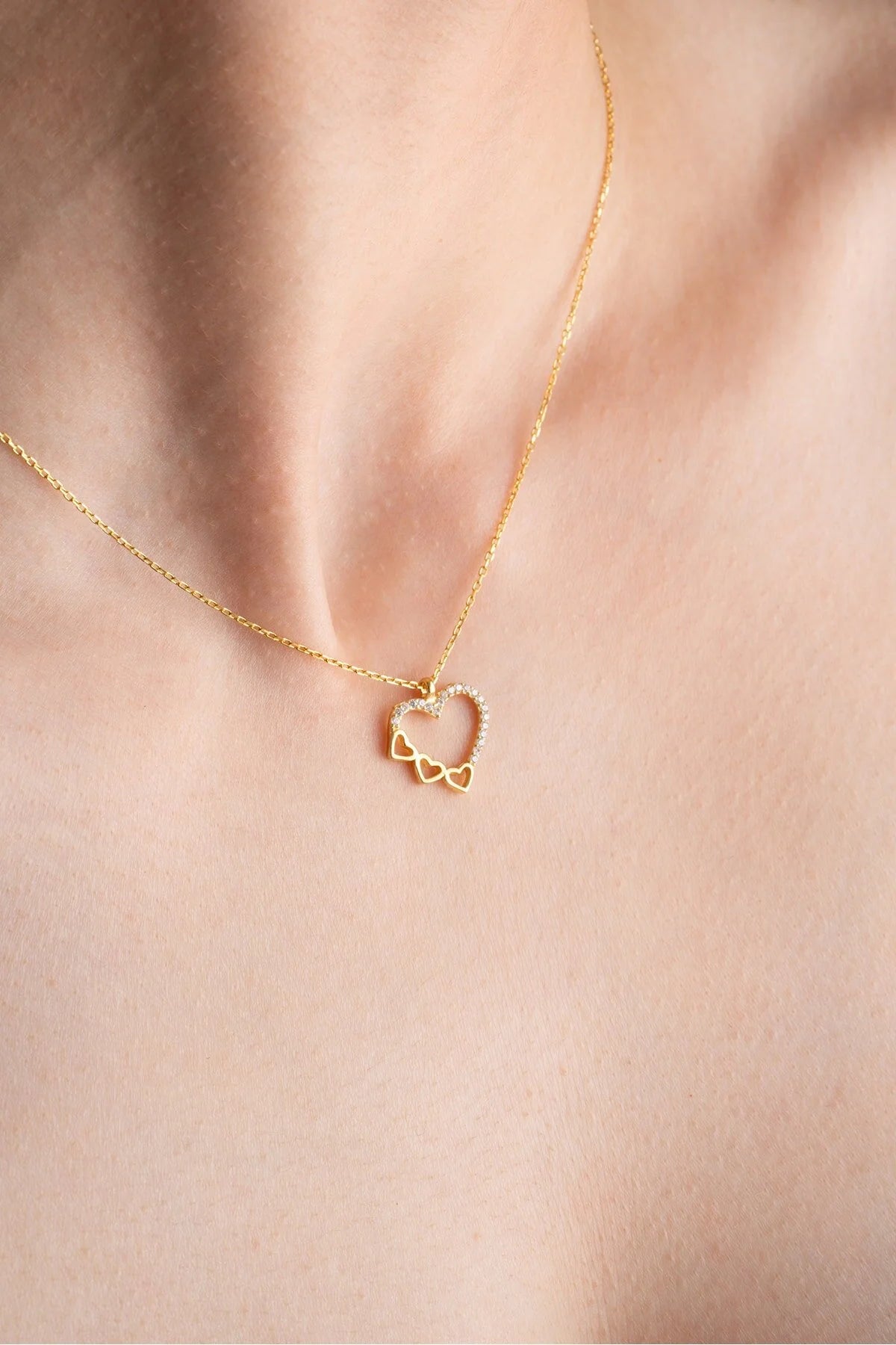 925 Sterling Silver Gold 3 Row Heart Design Necklace