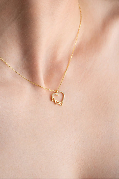 925 Sterling Silver Gold 3 Row Heart Design Necklace
