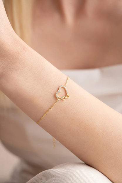 925 Sterling Silver 3 Row Heart Bracelet