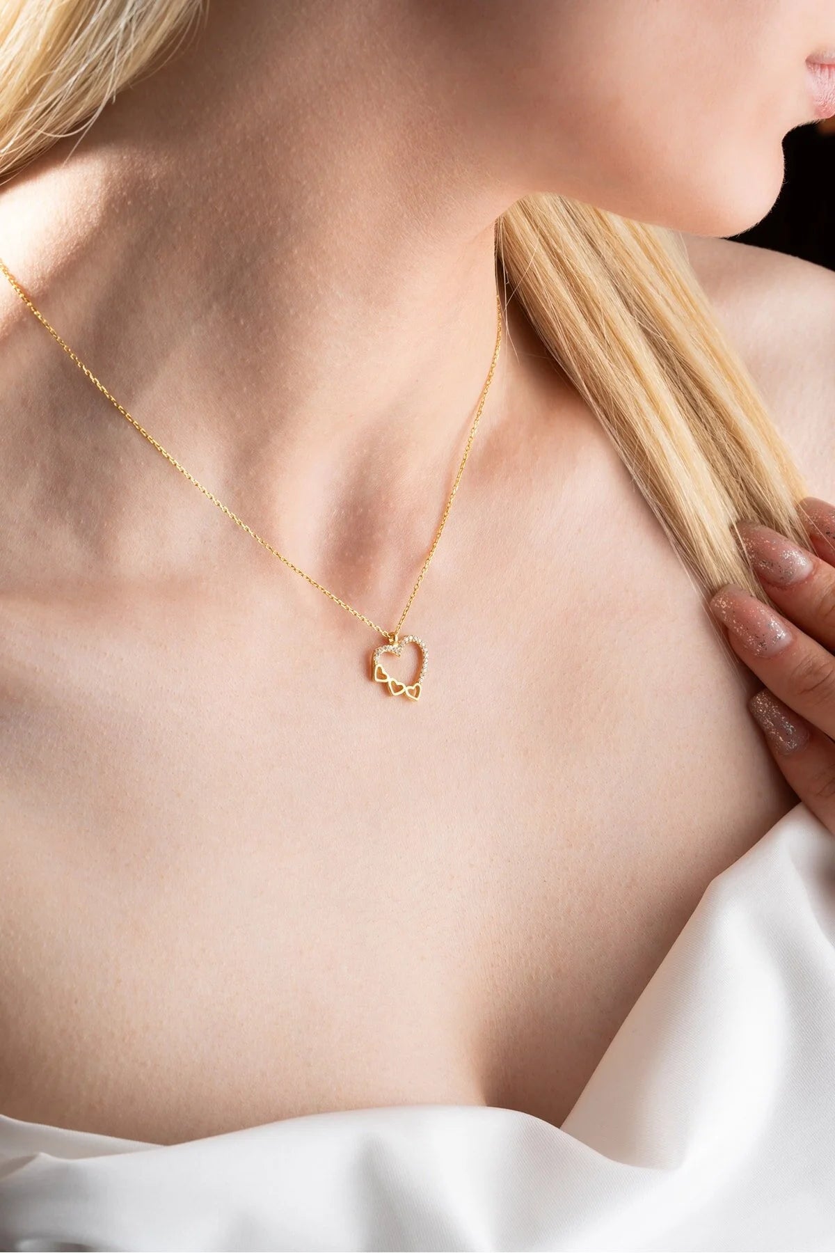 925 Sterling Silver Gold 3 Row Heart Design Necklace