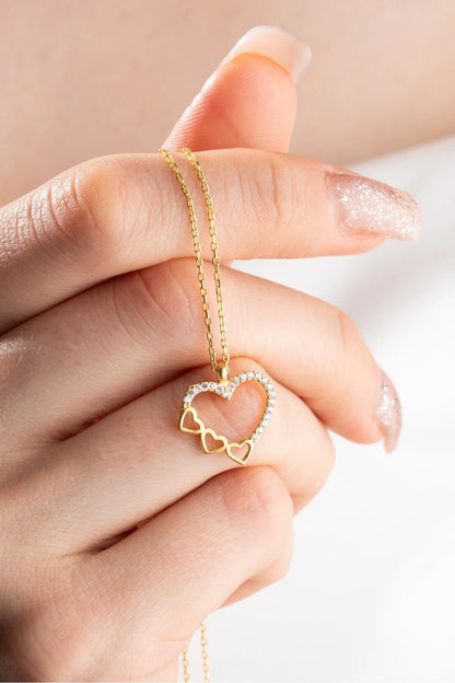 925 Sterling Silver Gold 3 Row Heart Design Necklace
