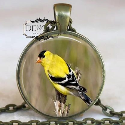 Goldfinch Bird Pendant Necklace,Yellow Finch Nature Jewelry,Glass Dome Songbird Gift