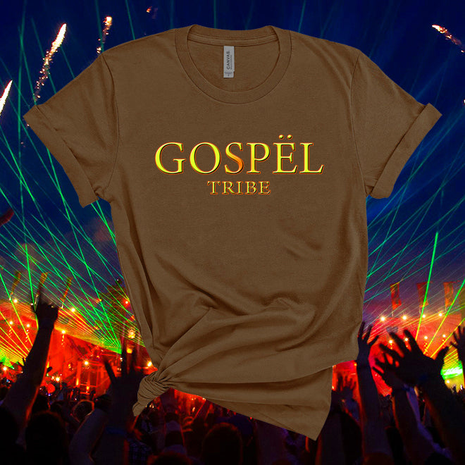 Brown t-shirt with 'Gospel Tribe' text over a concert background with fireworks and lights.