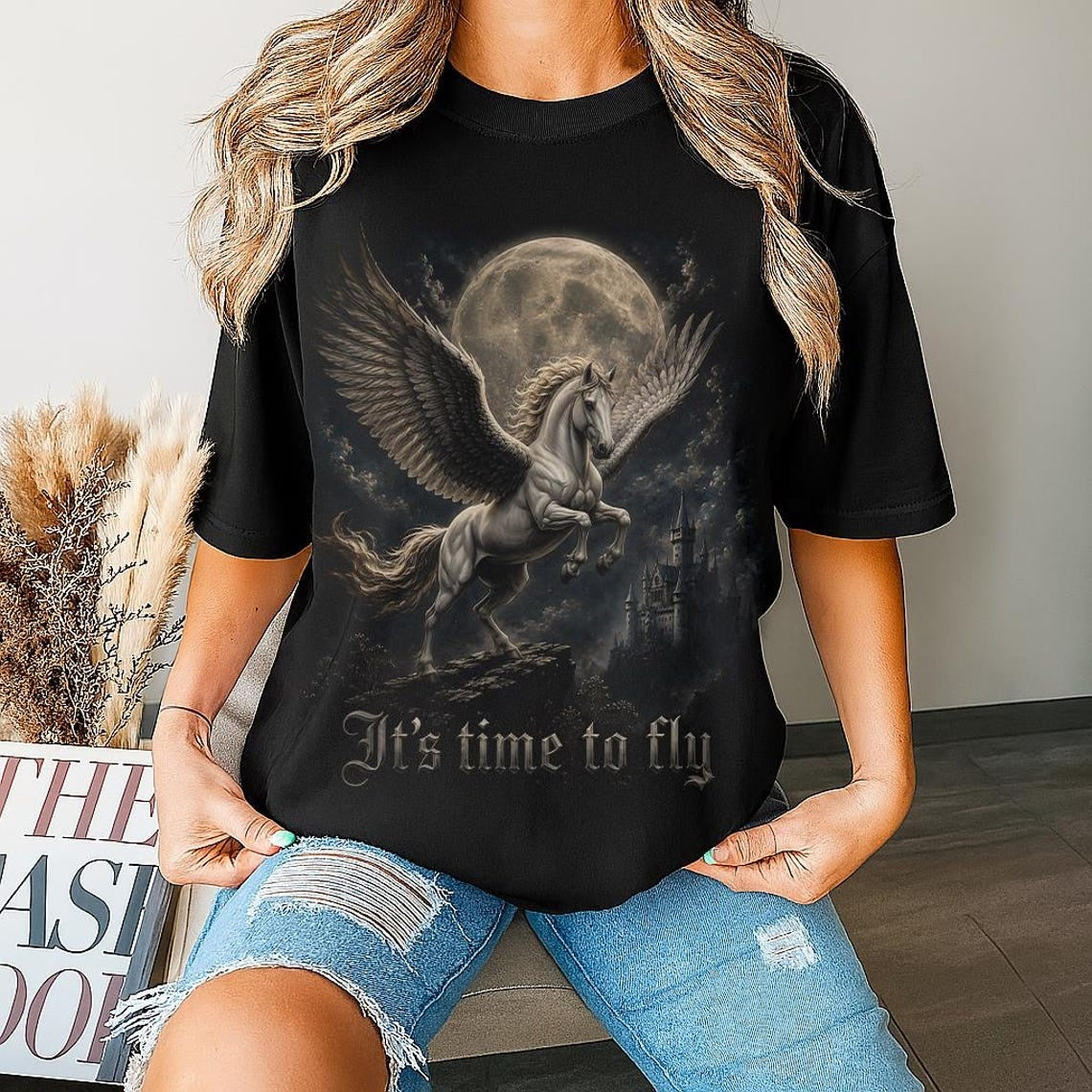 Gothic Pegasus Shirt, Fantasy Flying Horse Tee, Dark Academia T-Shirt, Mythical Creature Art, Comfort Colors Tee