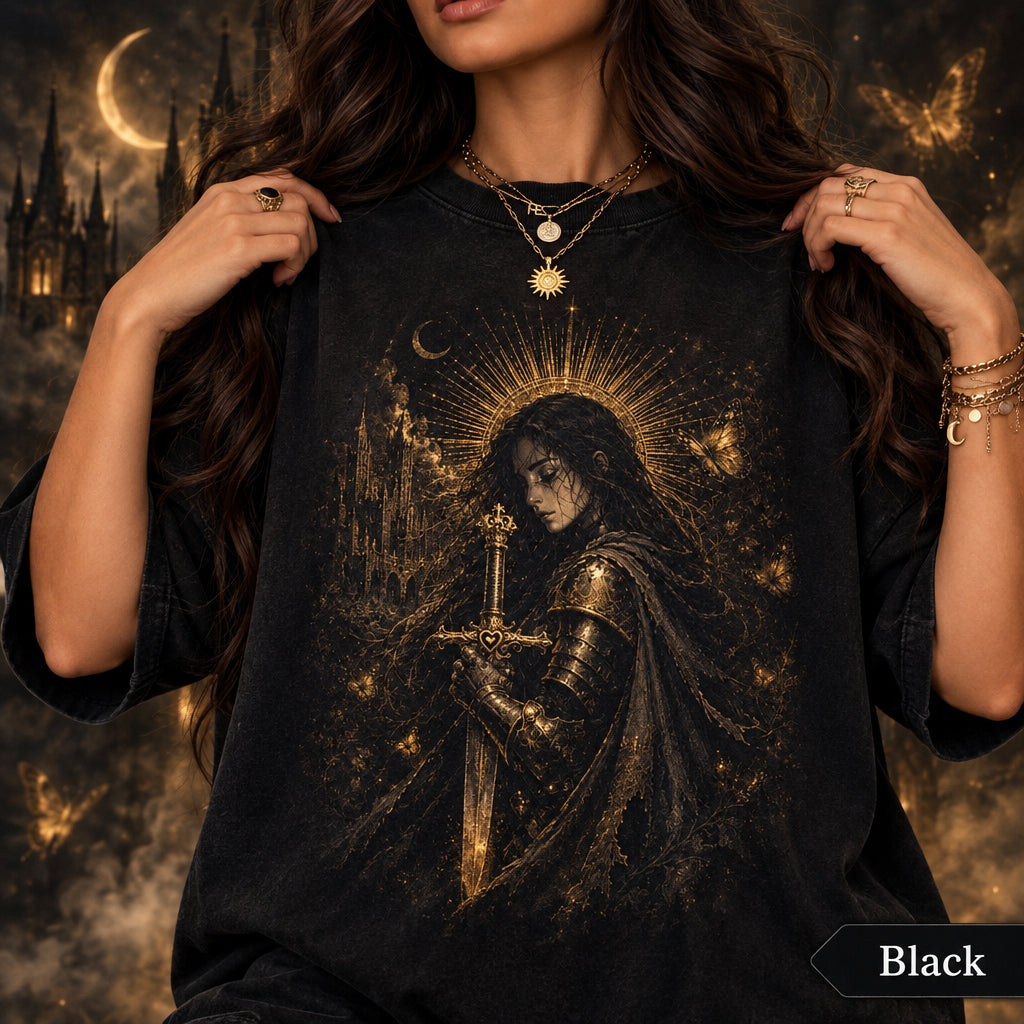 Gothic Warrior T-Shirt, Castlecore Fantasy Illustration, Sword & Moon Art