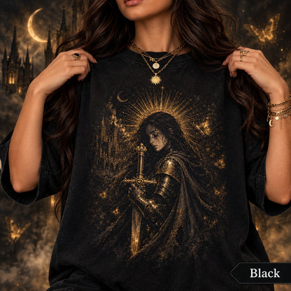 Gothic Warrior T-Shirt, Castlecore Fantasy Illustration, Sword & Moon Art