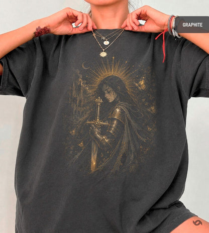 Gothic Warrior T-Shirt, Castlecore Fantasy Illustration, Sword & Moon Art