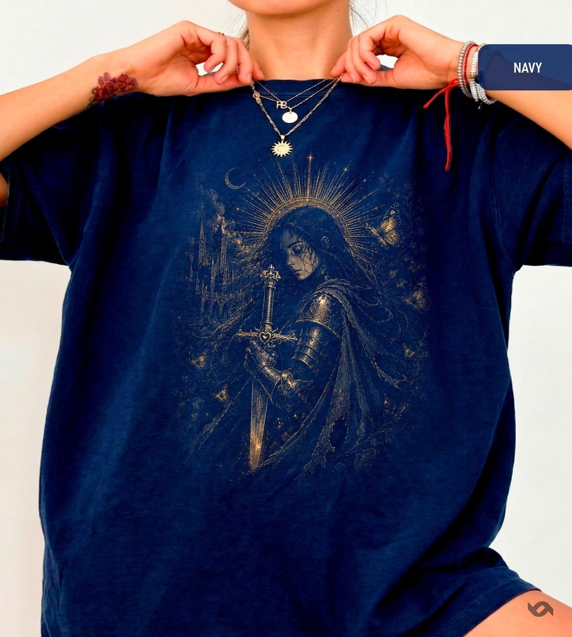 Gothic Warrior T-Shirt, Castlecore Fantasy Illustration, Sword & Moon Art