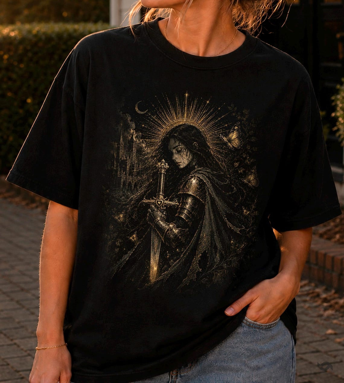 Gothic Warrior T-Shirt, Castlecore Fantasy Illustration, Sword & Moon Art