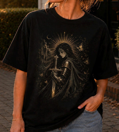 Gothic Warrior T-Shirt, Castlecore Fantasy Illustration, Sword & Moon Art