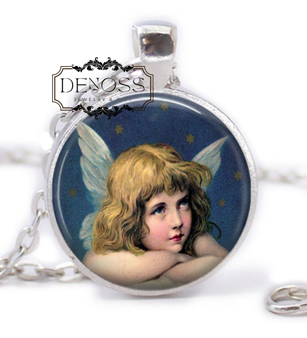 Guardian Angel Necklace,Handcrafted Glass Cabochon Pendant