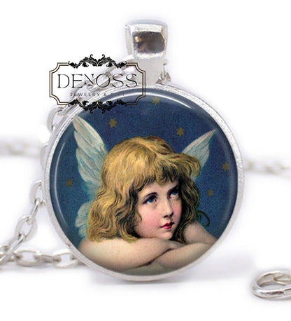 Guardian Angel Necklace,Handcrafted Glass Cabochon Pendant