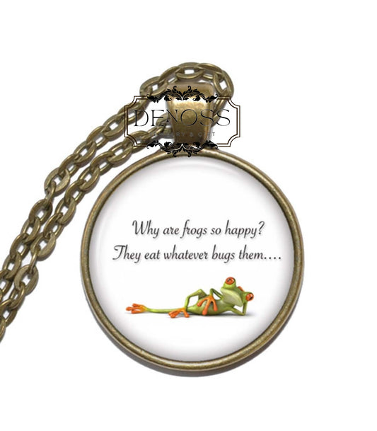 HAPPY FROG Necklace,Riddle,Art Pendant Necklace,Inspirational Necklace,Glass Pendant,Handmade Jewelry