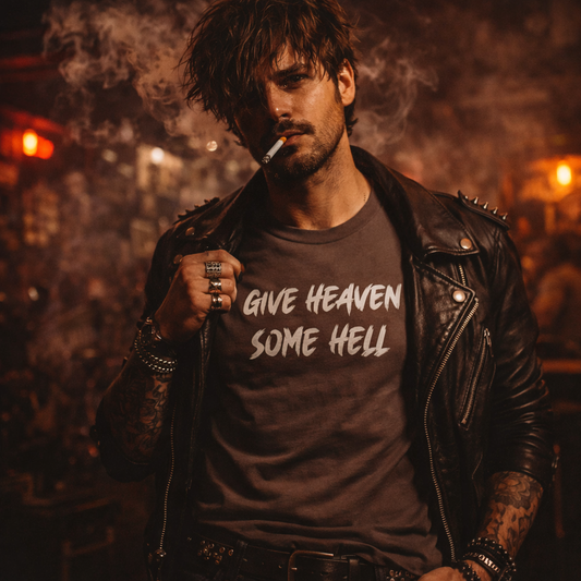 Man wearing a leather jacket and 'Give Heaven Some Hell' t-shirt, smoking a cigarette.