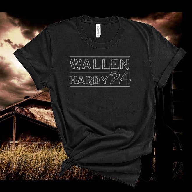 Black t-shirt with 'Wallen Hardy 24' text against a rustic background