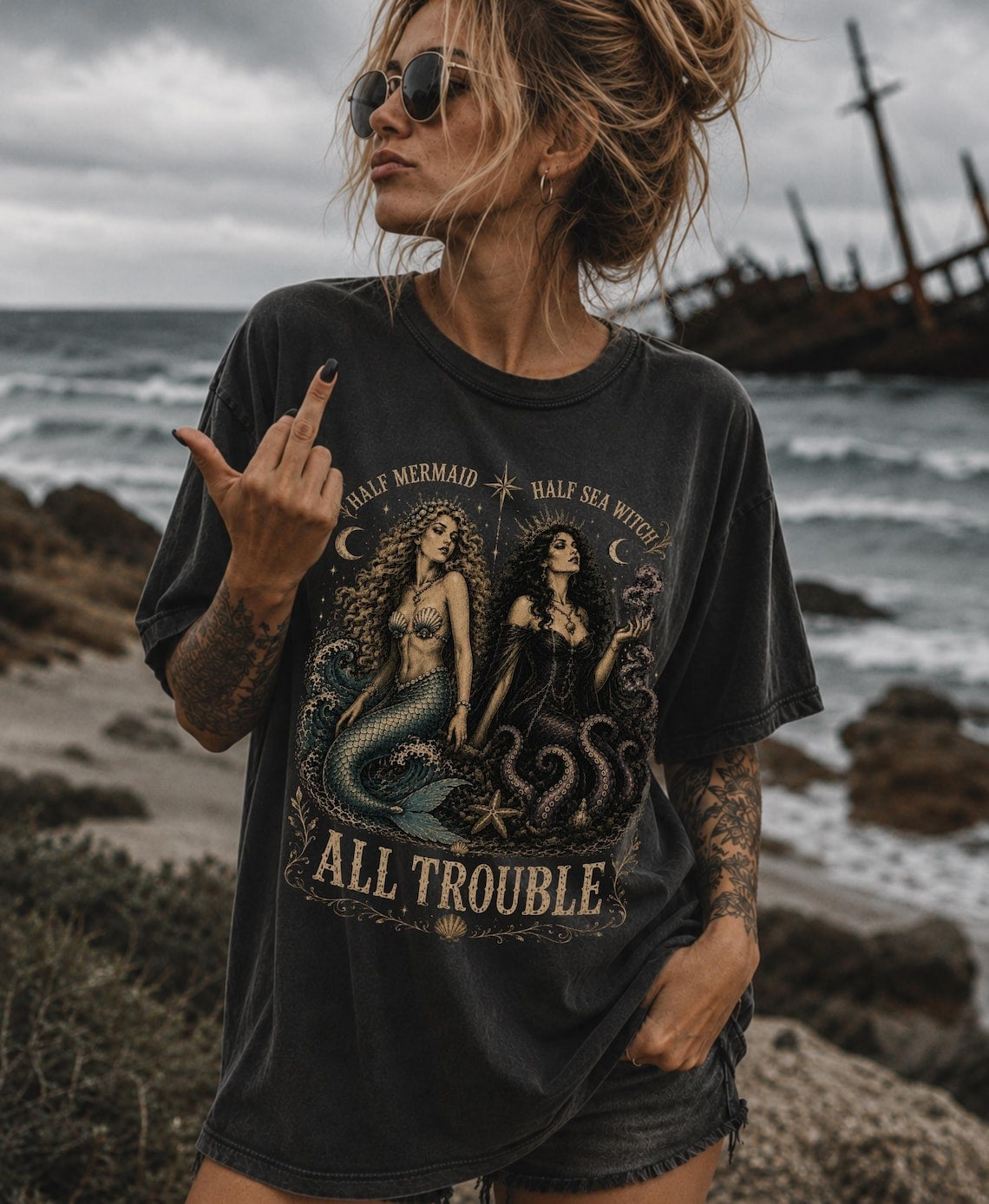 Half Mermaid Half Sea Witch All Trouble Shirt ,Sea Witch Shirt Siren Whimsigoth Coastal Gothic Sirencore Ocean Lover Gift Seawitch Shirt