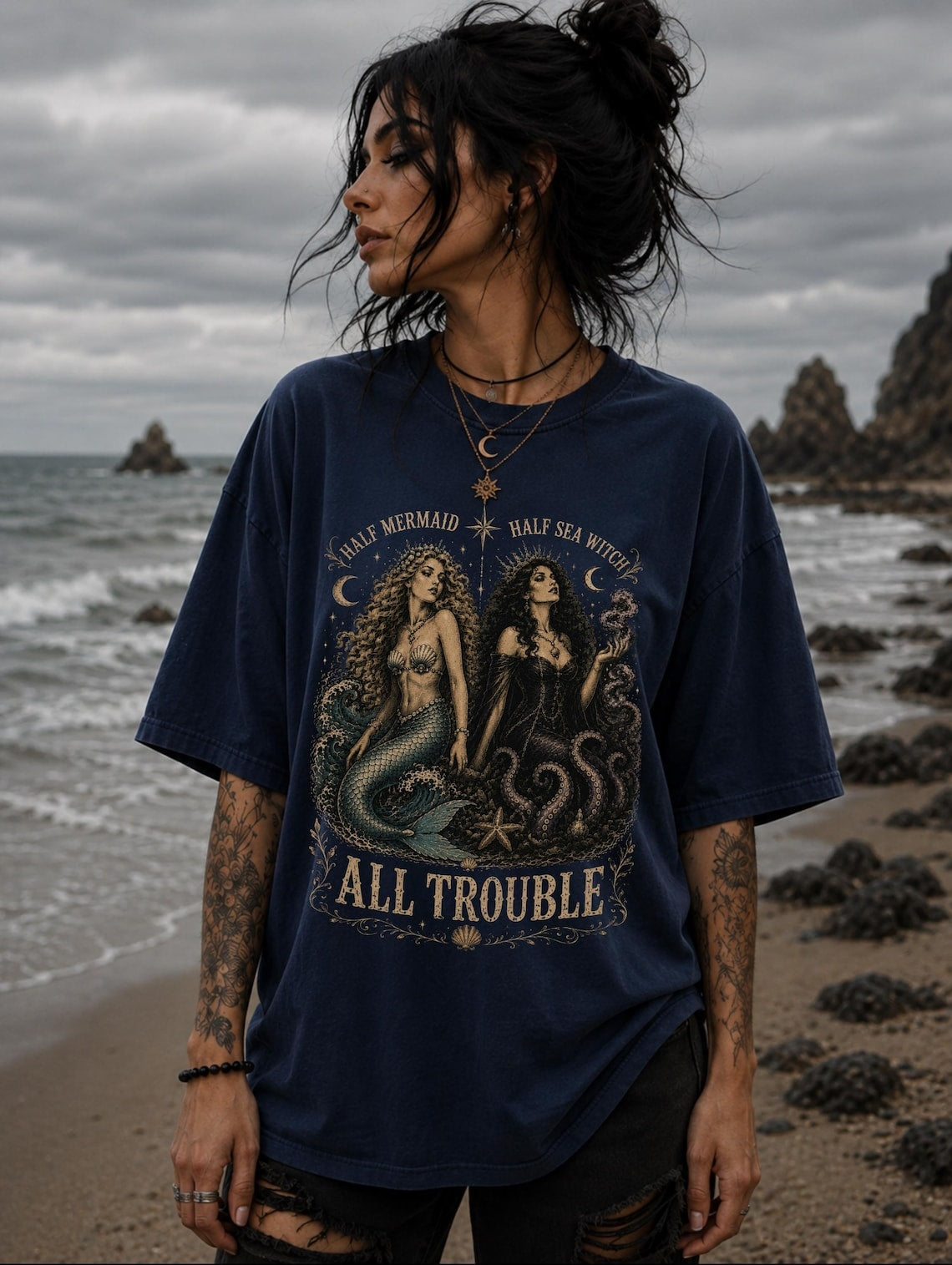 Half Mermaid Half Sea Witch All Trouble Shirt ,Sea Witch Shirt Siren Whimsigoth Coastal Gothic Sirencore Ocean Lover Gift Seawitch Shirt
