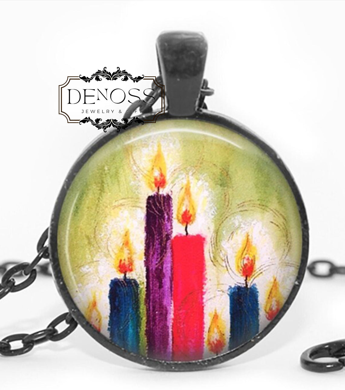 Handcrafted Christmas Candle Cabochon Pendant Necklace