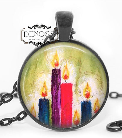 Handcrafted Christmas Candle Cabochon Pendant Necklace