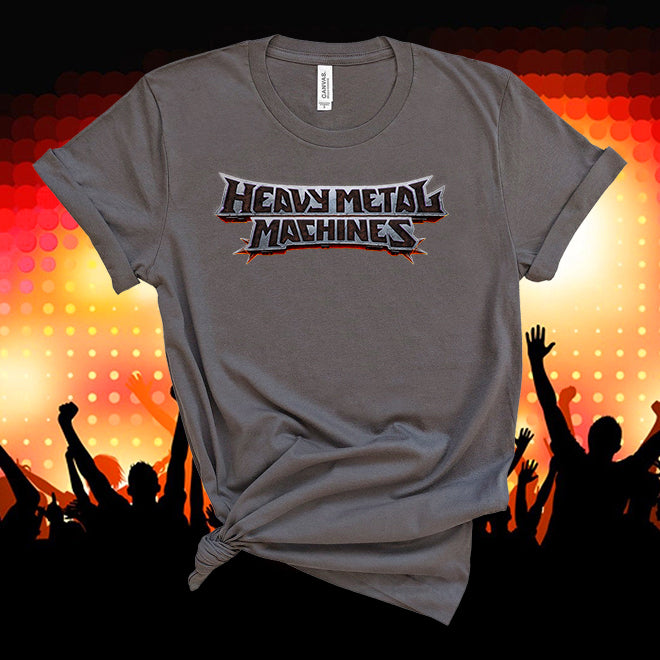 Gray t-shirt with 'Heavy Metal Machines' logo against a concert background