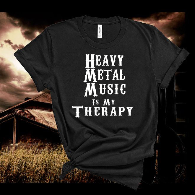 Black t-shirt with 'Heavy Metal Music is My Therapy' text against a rustic background