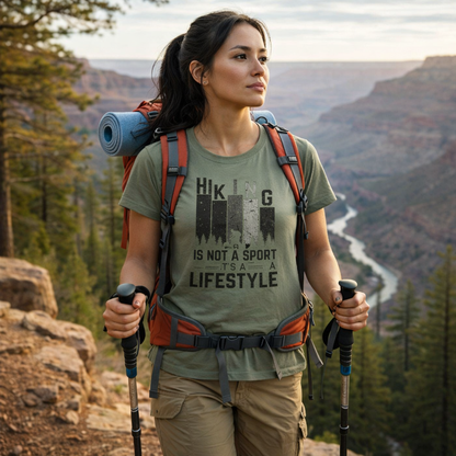 Woman hiking with a scenic landscape in the background