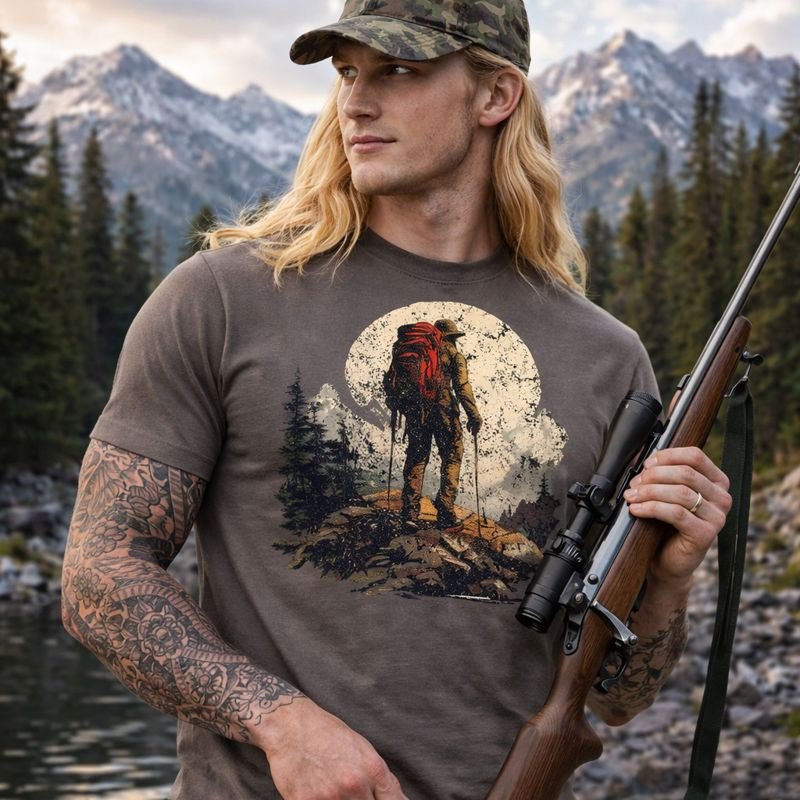 Man wearing a t-shirt with a mountain and hiker design, holding a rifle in a forest setting.