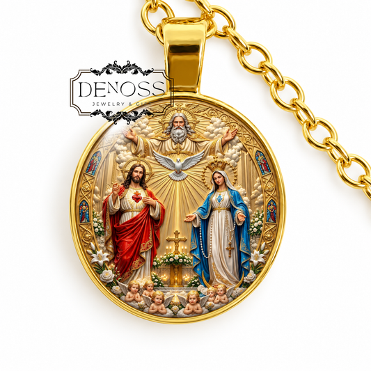 Holy Trinity Mary Necklace,Catholic Art Gift,Sacred Hearts Necklace,Holy Family Collectible,Divine Trinity Commemorative
