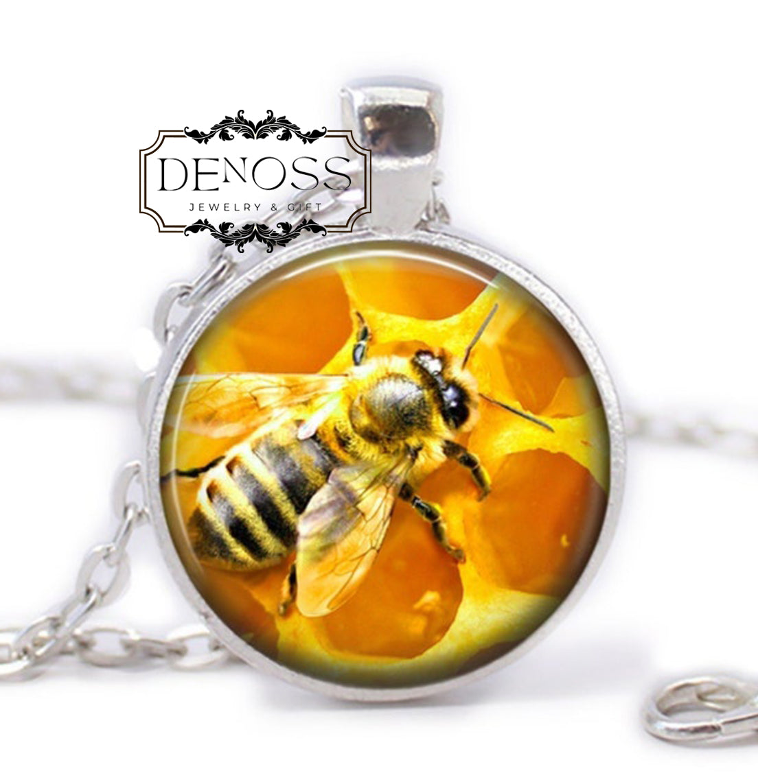 Honeybee Pendant Necklace,Handcrafted Glass Cabochon,Symbolic Jewelry
