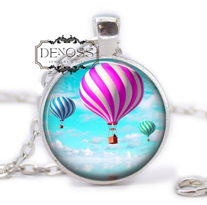 Hot Air Balloon Necklace,Handcrafted Glass Cabochon Pendant,Travelling