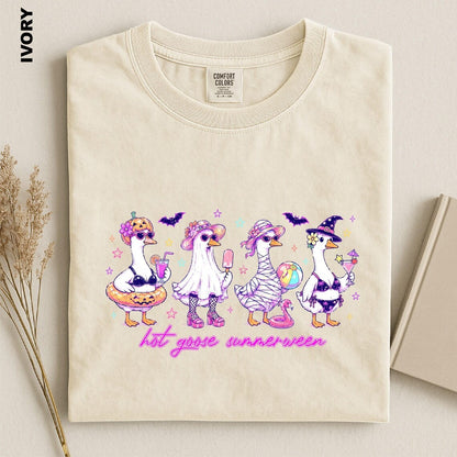 Hot Goose Summerween Shirt, Funny Goose Halloween Tee, Spooky Summer T-shirt, Cute Ghost Goose tshirt, Creepy Summer Vacation Apparel