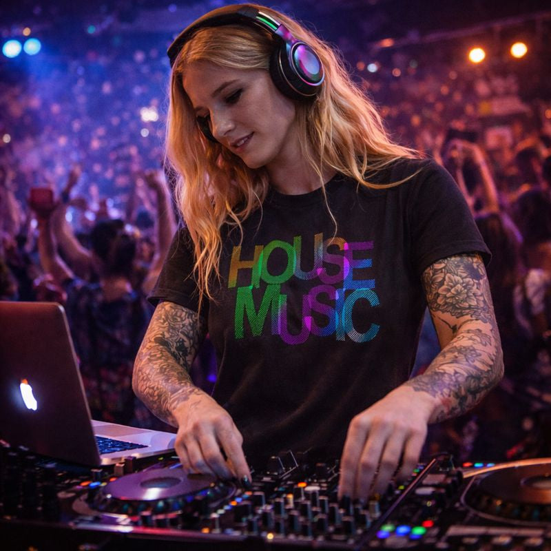 DJ at a concert wearing a 'House Music' t-shirt, surrounded by a crowd.